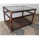 Mesa Auxiliar, Madera Y Mimbre, Tapa De Vidrio, Con Revistero