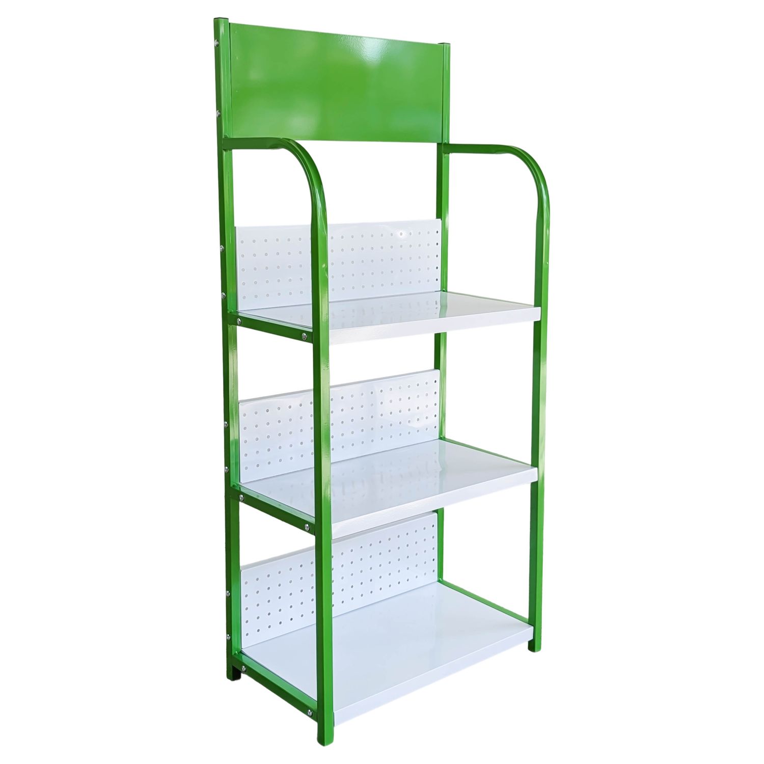 54X30X120G_01 Exhibidor Comercial Metálico 3 Niveles, 54x30x120cm - Blanco Y Verde - Imagen 1