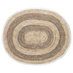 Alfombra Ovalada De Centro, Junco Natural Con Flecos De Hilo - 100x122 Cm